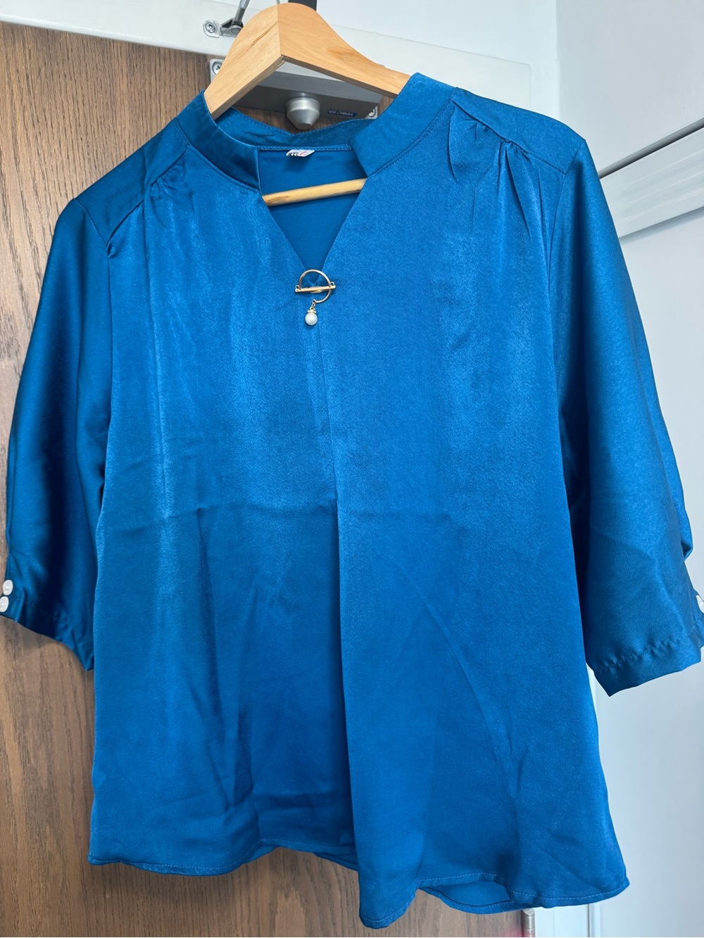 Large Teal Blue Blouse with Pearl Accent brand new
